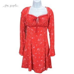 Free People Women XS Red Floral Boho Romantic Fit & Flare Mini Dress Long Sleeve